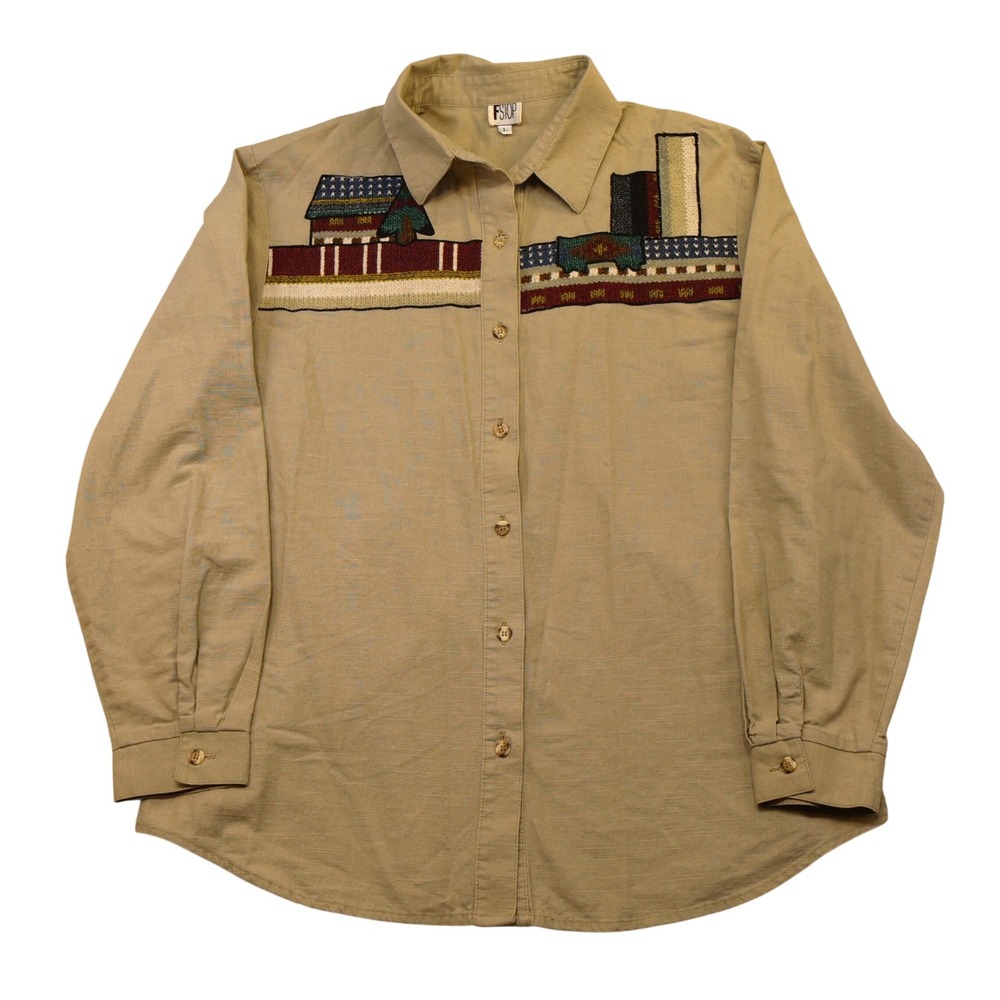 FStop Womens Large Button Down Shirt Khaki Tapestry Cabin Applique 13670
